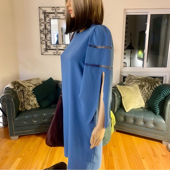 💙SEE BY CHLOE—Size 4 , Dusty Blue Shift Dress, Geometrical Cut / Tie Sleeves 💙 - Picture 14 of 16